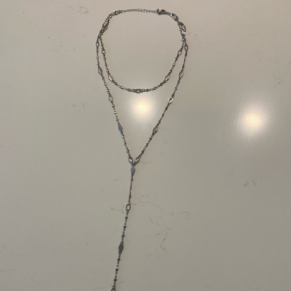 Long layered silver necklace